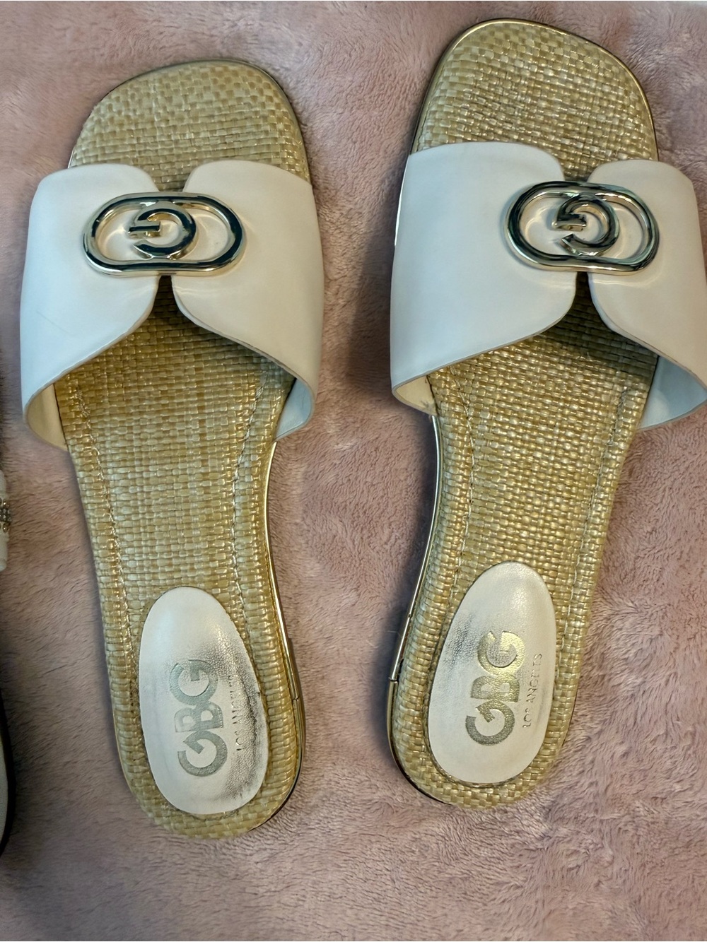 G by Guess White Slide Sandals with Gold Woven Footbed